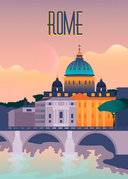 Retro-Reiseplakat mit Rom bei Sonnenuntergang, Petersdom-Kuppel und Brücke über den Tiber