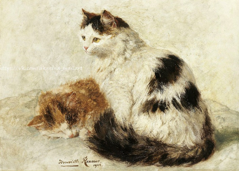 Акварельний живопис: смугаста кицька і руде кошеня, підписано 1902 — Генрієтта Роннер-Кніп