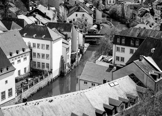 Aerial black-and-white view of tiled rooftops along a canal in a European old town
