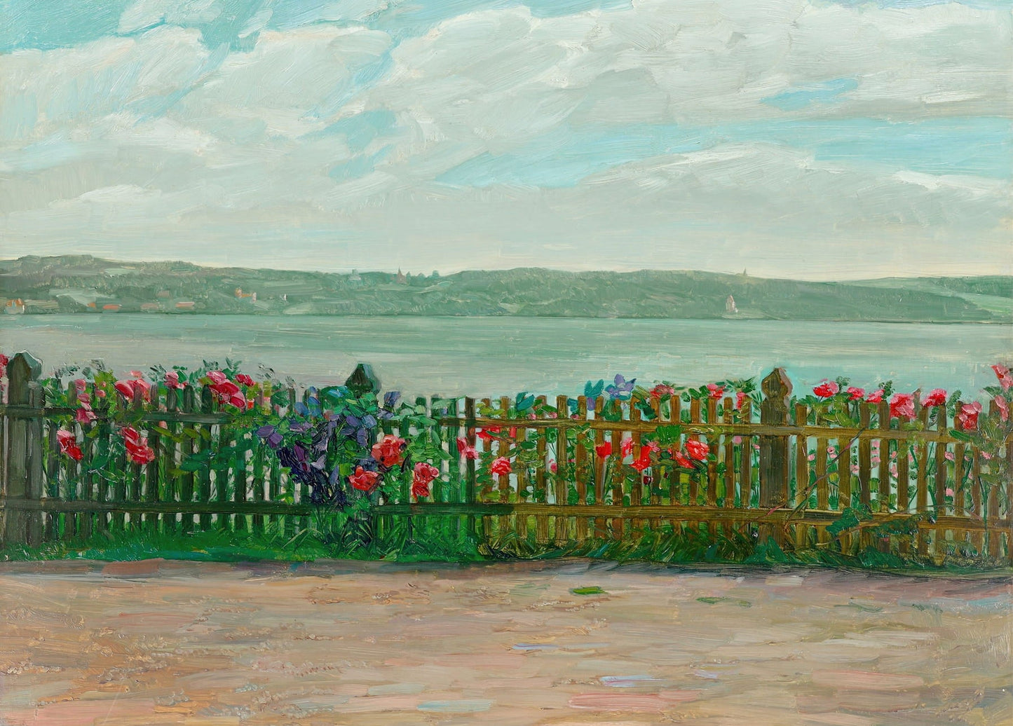 Trübner painting of a rose-covered fence with a lake and hills beyond