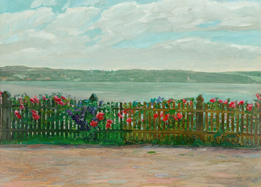 Trübner painting of a rose-covered fence with a lake and hills beyond