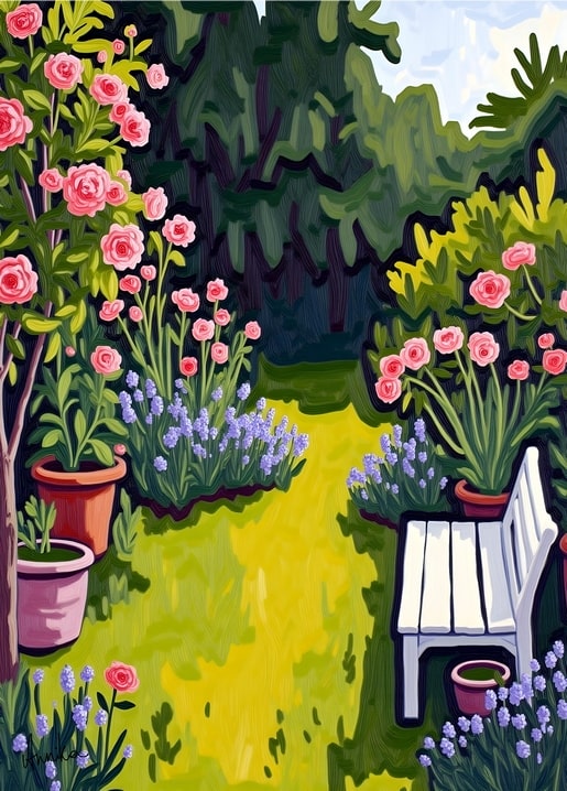 Garden path lined with pink roses and lavender leading to a white bench