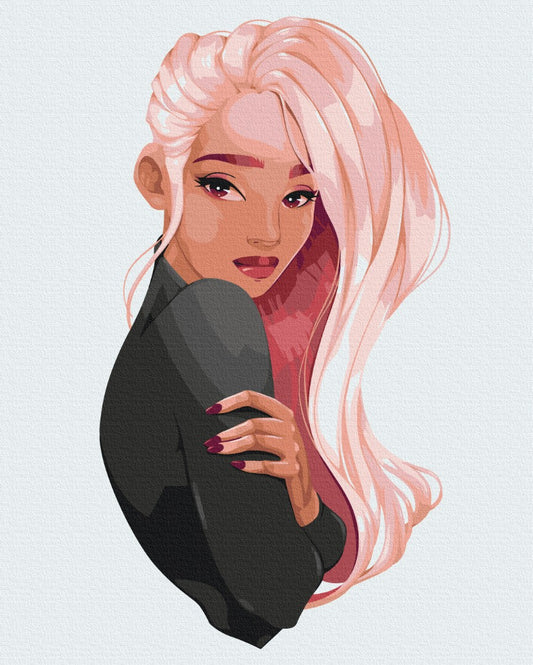 Illustration einer Frau mit langen rosa Haaren, die über die Schulter blickt, in schwarzer Jacke