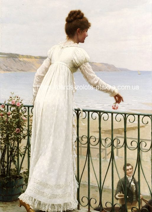 Edmund Blair Leighton painting: a woman in a white dress drops a rose from a seaside balcony to a man below