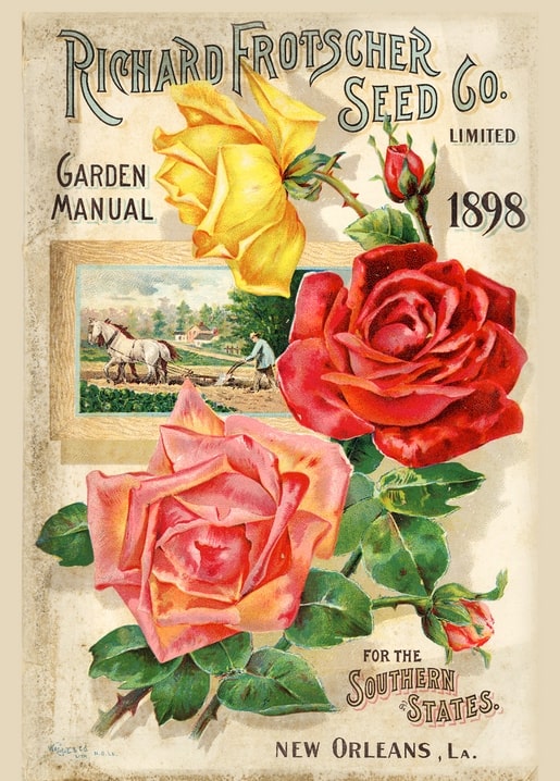 Vintage 1898 garden catalog cover with yellow, red, and pink roses and a plowing scene
