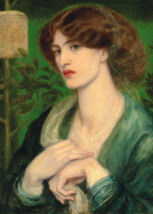 Dante Gabriel Rossetti's “The Salutation of Beatrice” — woman in green velvet against a dark green backdrop
