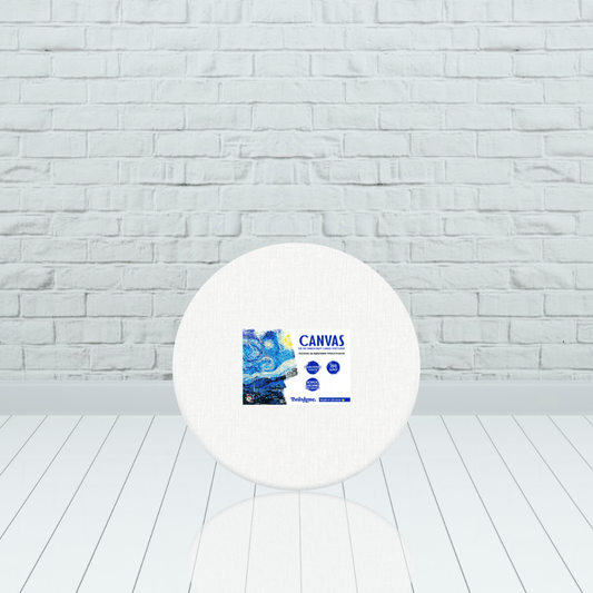Round blank polycotton canvas, 30 cm diameter, on a white pedestal