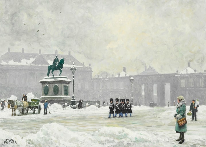Königliche Leibgarde marschiert an einer Reiterstatue vorbei, verschneiter Platz, Gemälde von Paul Gustave Fischer