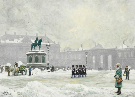 Königliche Leibgarde marschiert an einer Reiterstatue vorbei, verschneiter Platz, Gemälde von Paul Gustave Fischer