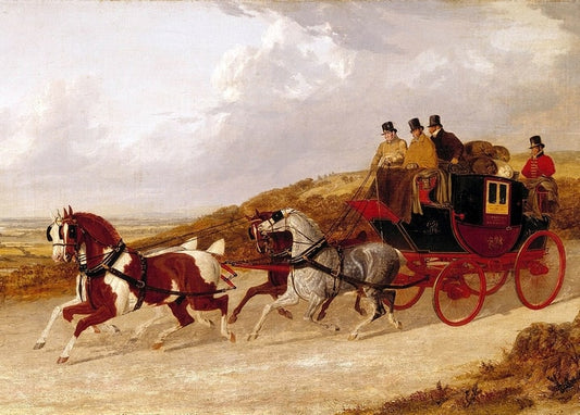 Gemälde einer galoppierenden Postkutsche mit vier Pferden von John Frederick Herring Snr