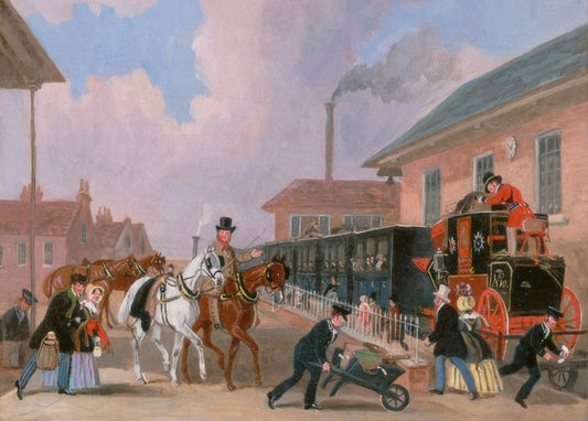 Gemälde einer Royal-Mail-Postkutsche mit Pferden vor einem Bahnhof in Peterborough East.
