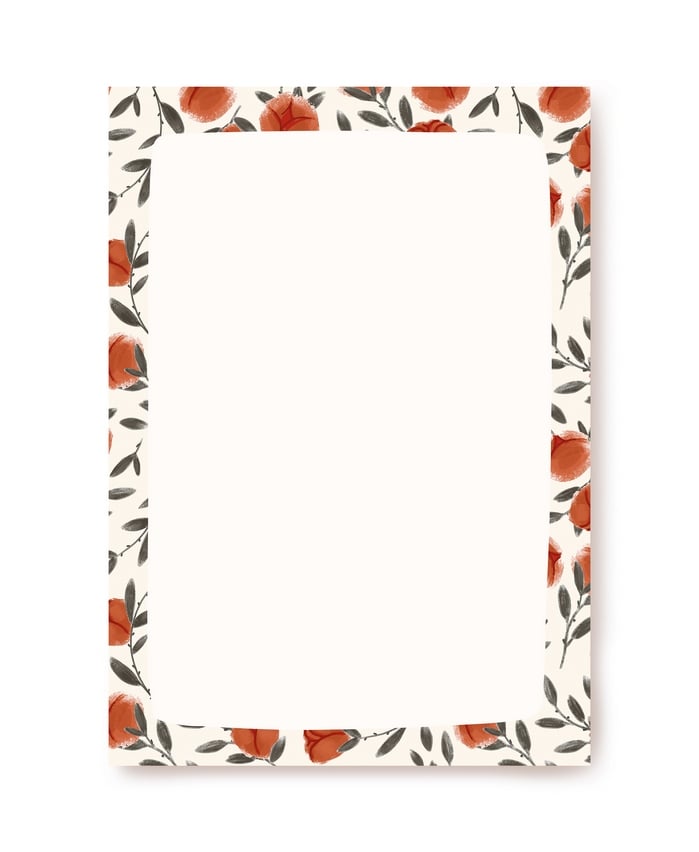 Letter paper bordered with rust watercolor roses and sage leaves on cream