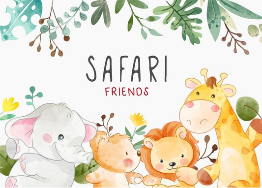 Elefant, Bär, Löwe und Giraffe kuscheln unter grünen Aquarellblättern mit Safari-Friends-Schriftzug