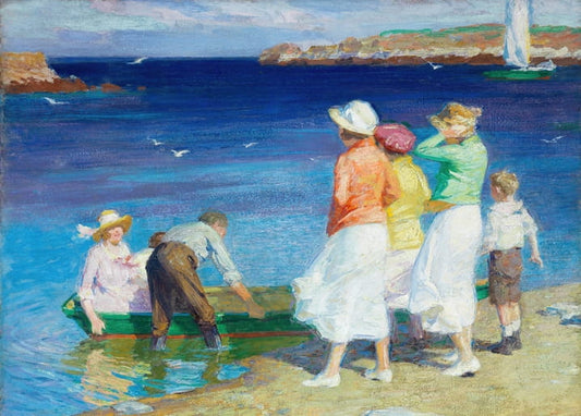 Impressionist painting of a group boarding a green rowboat on a sunny beach, sailboats in the distance