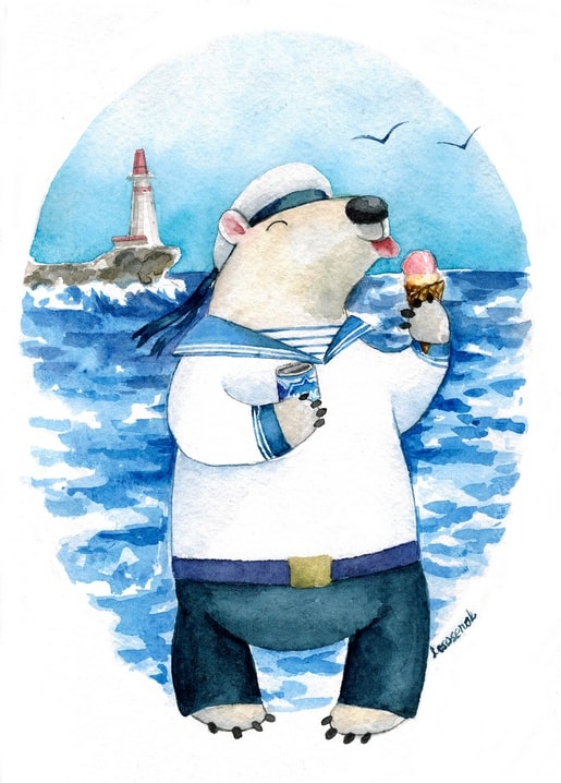 Watercolor polar bear in a sailor uniform eating ice cream by a lighthouse and sea waves