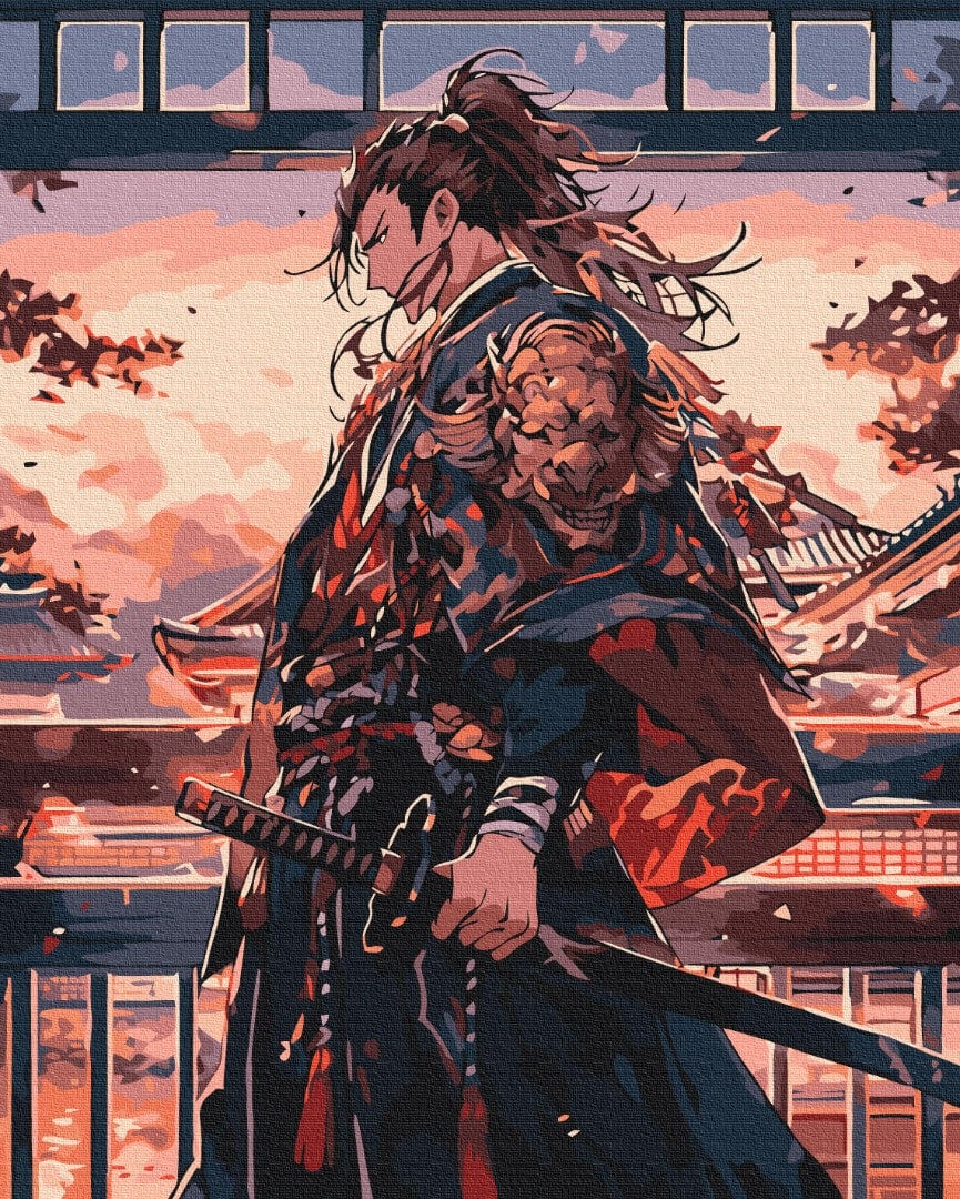 Samurai zieht sein Katana bei Sonnenuntergang, mit einer Oni-Maske auf der Schulter und Tempeldächern im Hintergrund