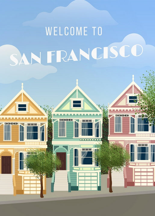 Retro-Reiseplakat mit drei bunten viktorianischen Painted-Ladies-Häusern in San Francisco