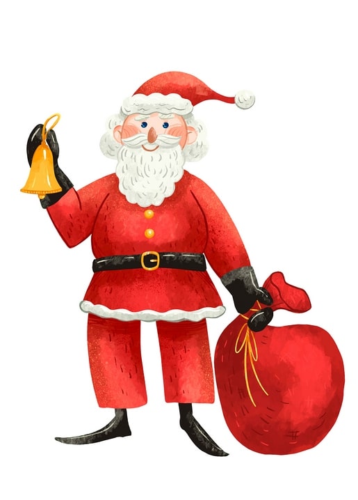 Klassischer Weihnachtsmann läutet eine goldene Glocke und hält einen roten Geschenksack