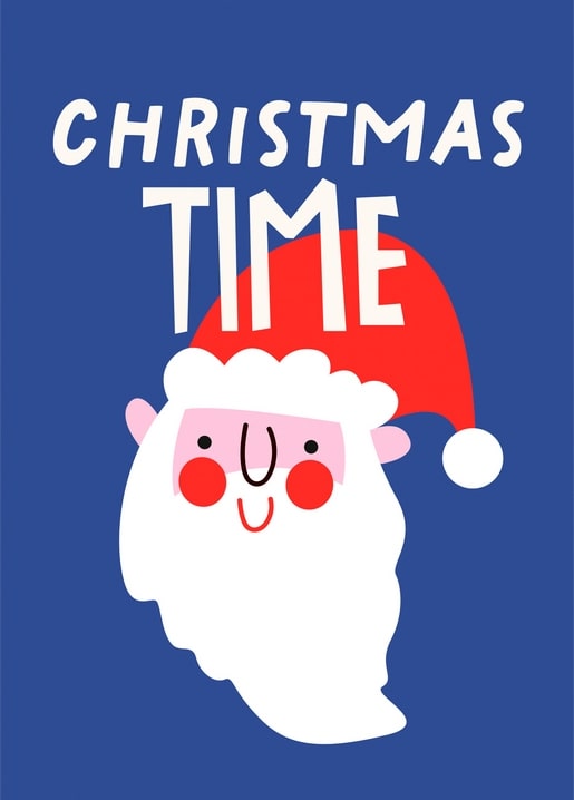 Illustrierter lächelnder Weihnachtsmann mit Schriftzug Christmas Time auf Blau