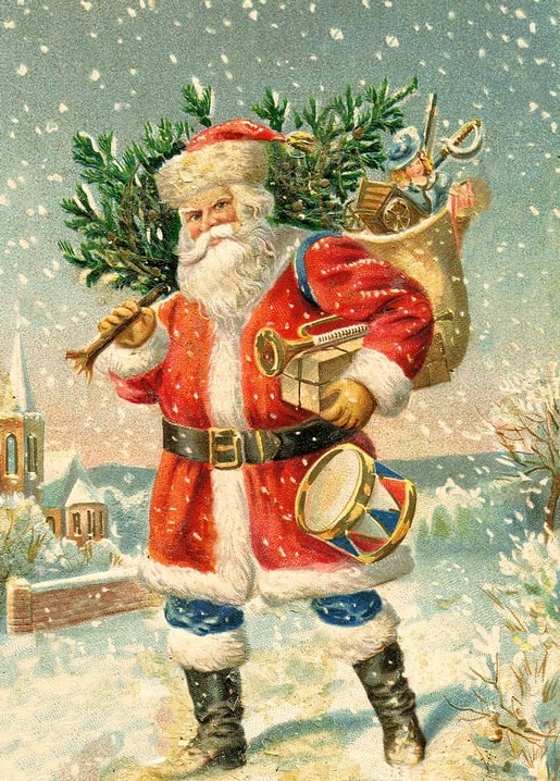 Vintage illustration of Santa Claus carrying a Christmas tree and a toy sack through snow