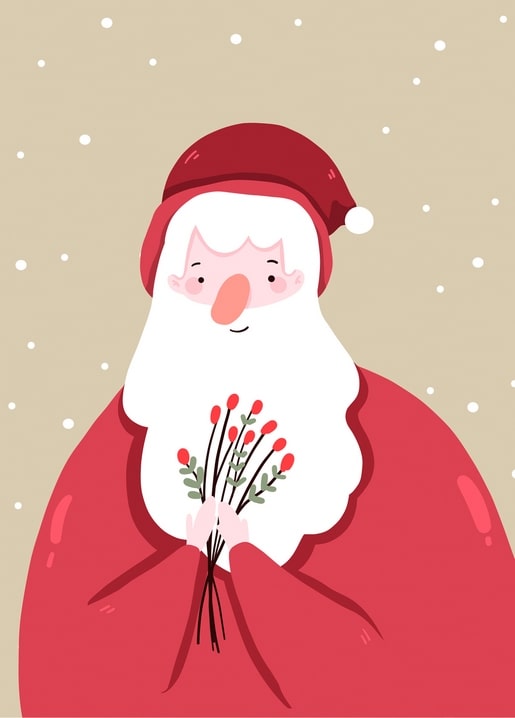 Weihnachtsmann-Porträt mit einem Strauß roter Winterbeeren im Schneetreiben