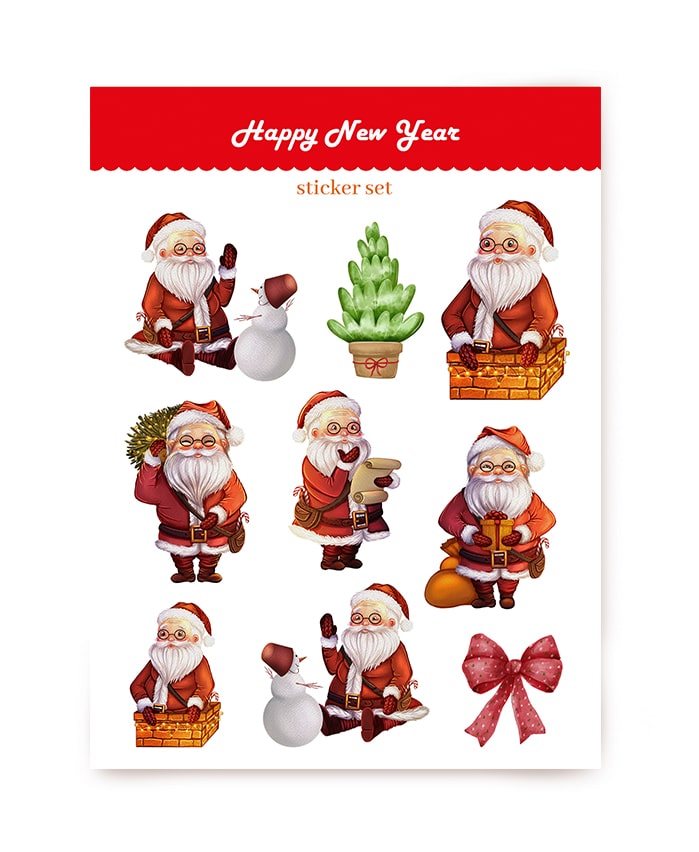 A6-Aufkleberbogen „Happy New Year“ mit Weihnachtsmann, Schneemann und Schleife