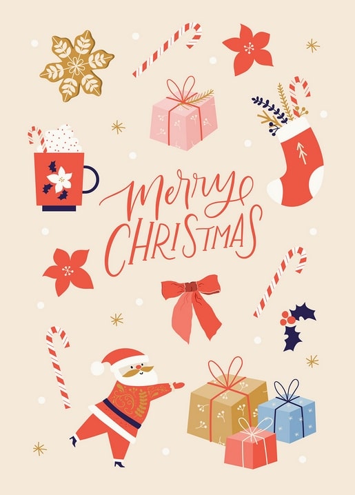 Collage aus Weihnachtssymbolen: tanzender Weihnachtsmann, Kakaotasse, Zuckerstangen und Geschenke