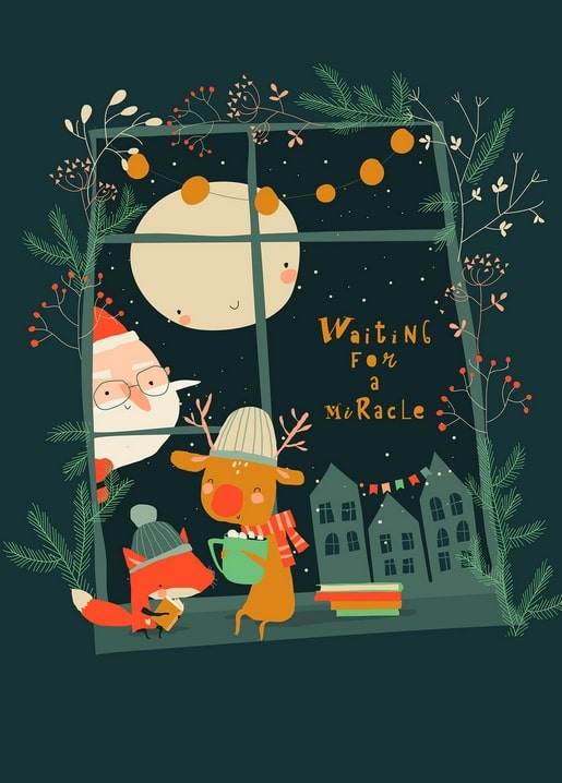 Weihnachtsmann blickt durchs Mondlicht-Fenster neben Rentier mit Kakao und Fuchs mit Wollmütze.