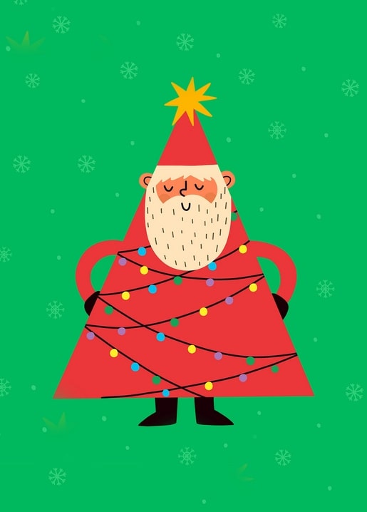 Cartoon Santa-shaped Christmas tree wrapped in colorful fairy lights on green background