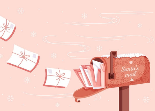 Illustration eines roten Briefkastens mit der Aufschrift Santa's Mail und fliegenden Geschenkbriefen.