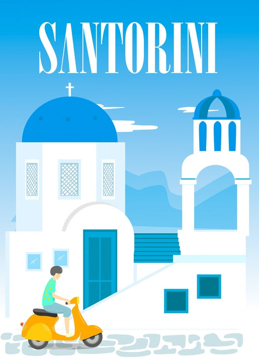 Retro-Reiseplakat von Santorini mit blauer Kirchenkuppel, Glockenturm und Rollerfahrer auf Kopfsteinpflaster