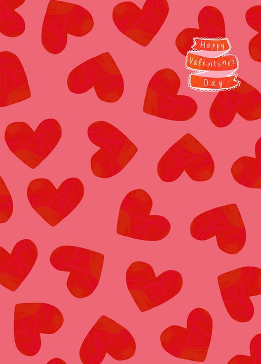 Muster aus roten Herzen auf Rosa mit einem „Happy Valentine's Day“-Wimpel in der Ecke