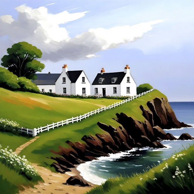 Whitewashed cottages on a grassy Scottish cliff above the sea, with a white picket fence