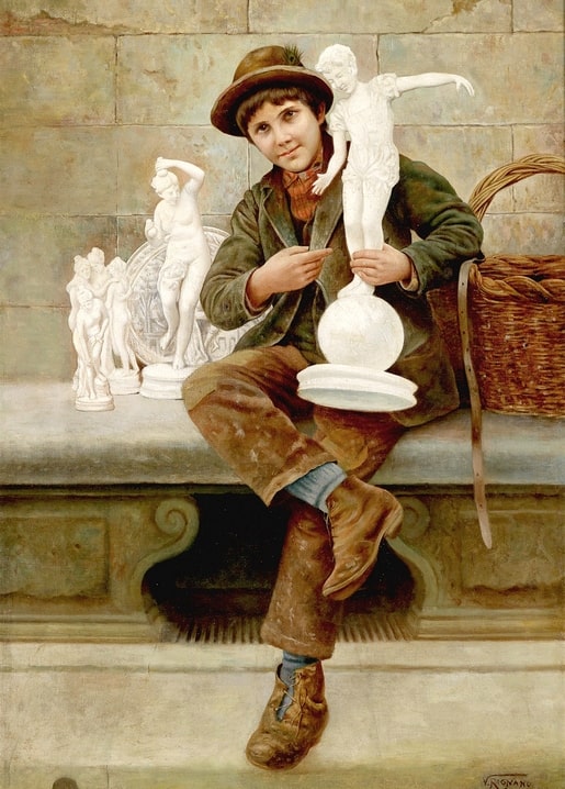 Junge als Straßenverkäufer hält eine Statuette über Gipsfiguren, Gemälde von Vittorio Rignano