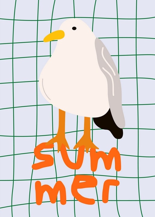 Illustrated seagull standing on a green checkered background with hand-lettered summer text