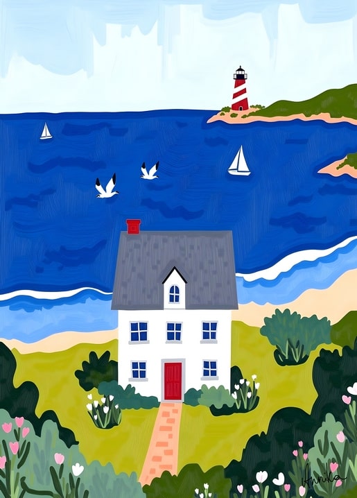 Illustrated postcard of a white seaside cottage with a red-striped lighthouse and sailboats