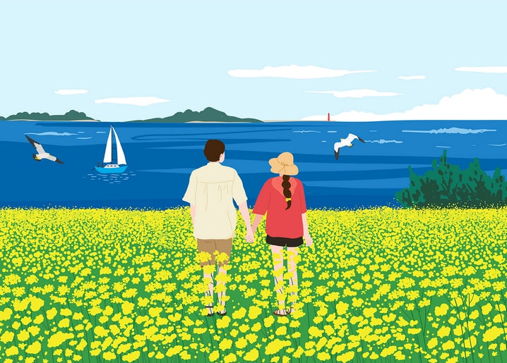 Illustriertes Paar hält Hände im gelben Blumenfeld an der Küste