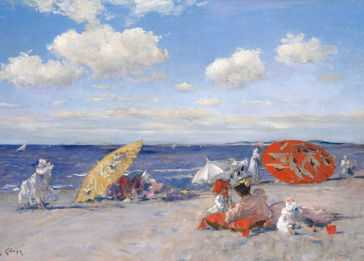 Beach scene with yellow and orange parasols, painting by William Merritt Chase