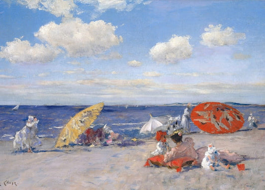 Beach scene with yellow and orange parasols, painting by William Merritt Chase