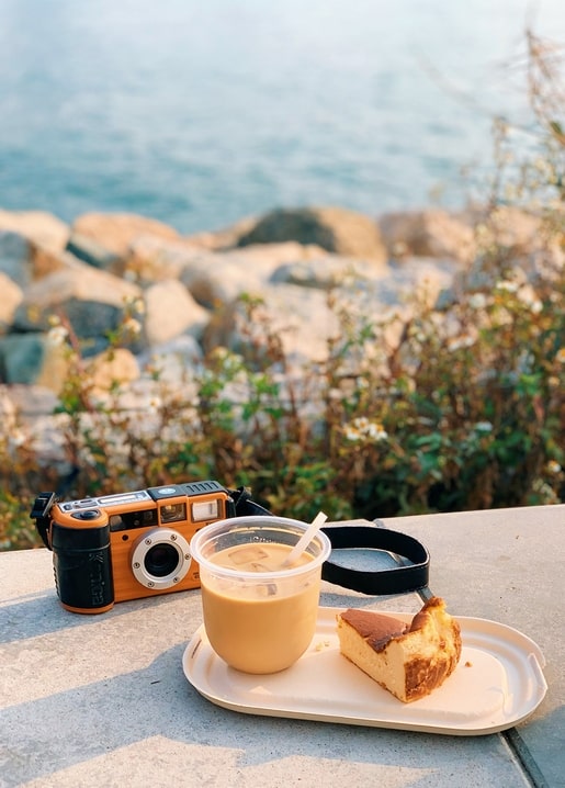 Retro orange camera, iced coffee and cheesecake slice on rocks by the sea