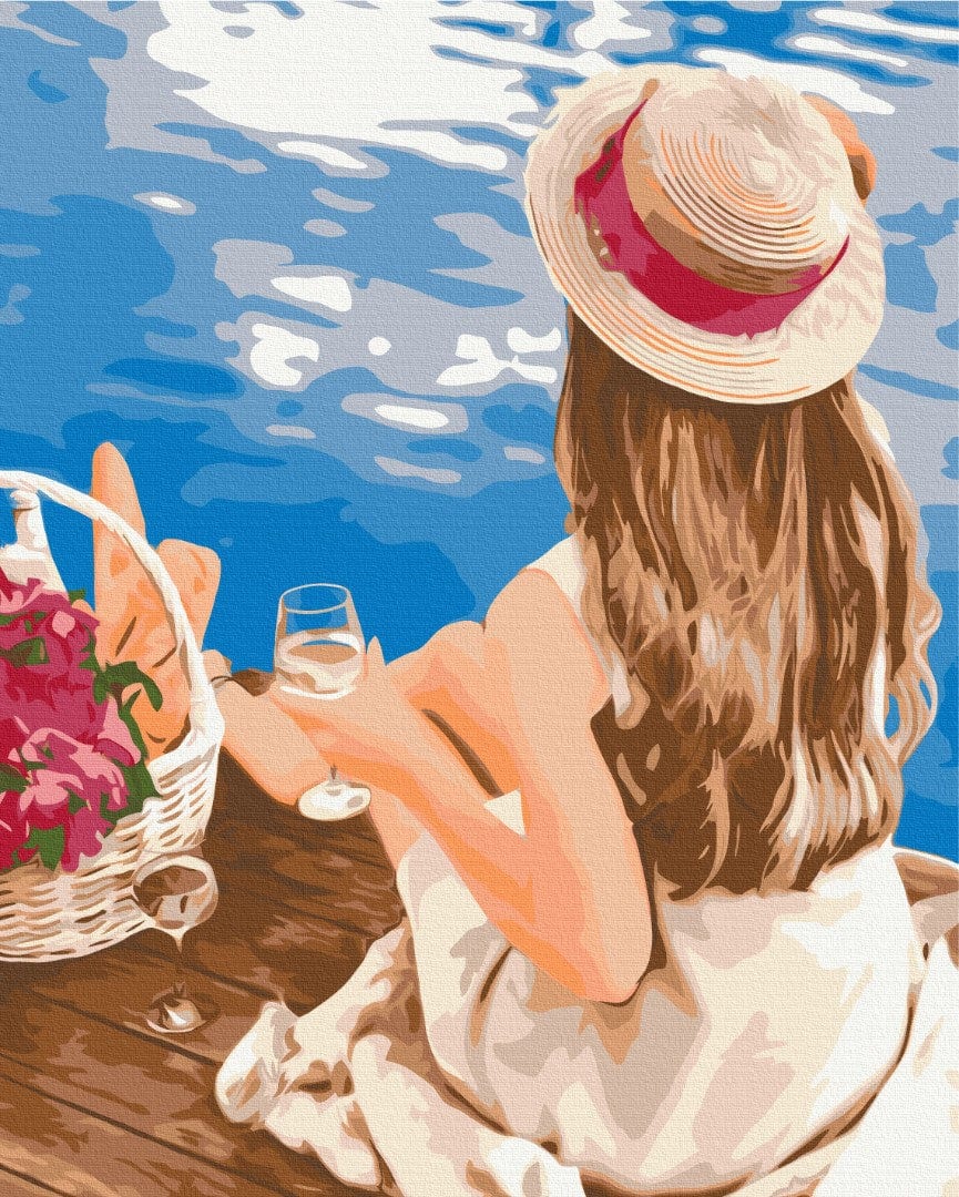 Frau mit Strohhut trinkt Wein beim Picknick am Meer, Malen-nach-Zahlen-Bild von Lana Musienko