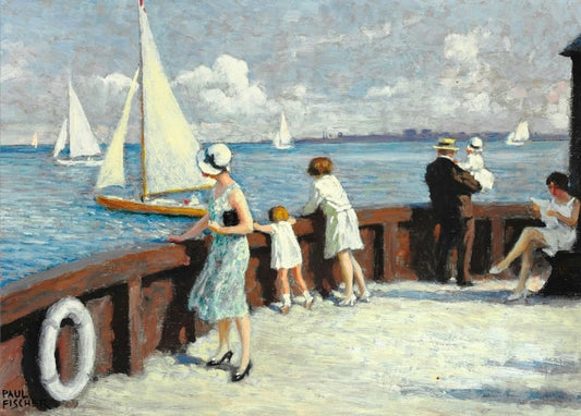 Gemälde von Frauen und Kindern auf einer Seebrücke, die Segelboote beobachten, mit Rettungsring am Geländer