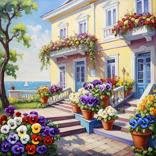 Yellow seaside villa in Odesa with potted pansies and a view of sailboats