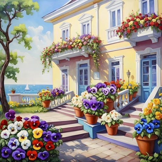 Yellow seaside villa in Odesa with potted pansies and a view of sailboats