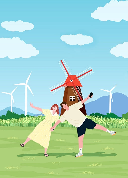 Illustriertes Paar beim Selfie vor einer Windmühle und Windrädern