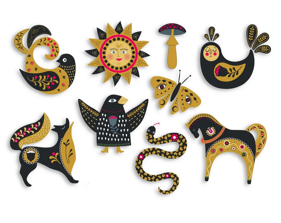 Set of 9 folk art shaped postcards featuring decorative birds, a sun, butterfly, mushroom, horse and stylized animals in black, gold and bright ornamental patterns on a white background.