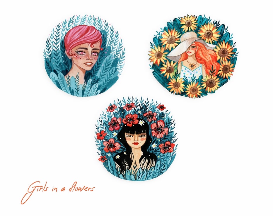 Фігурні листівки Girls in flowers