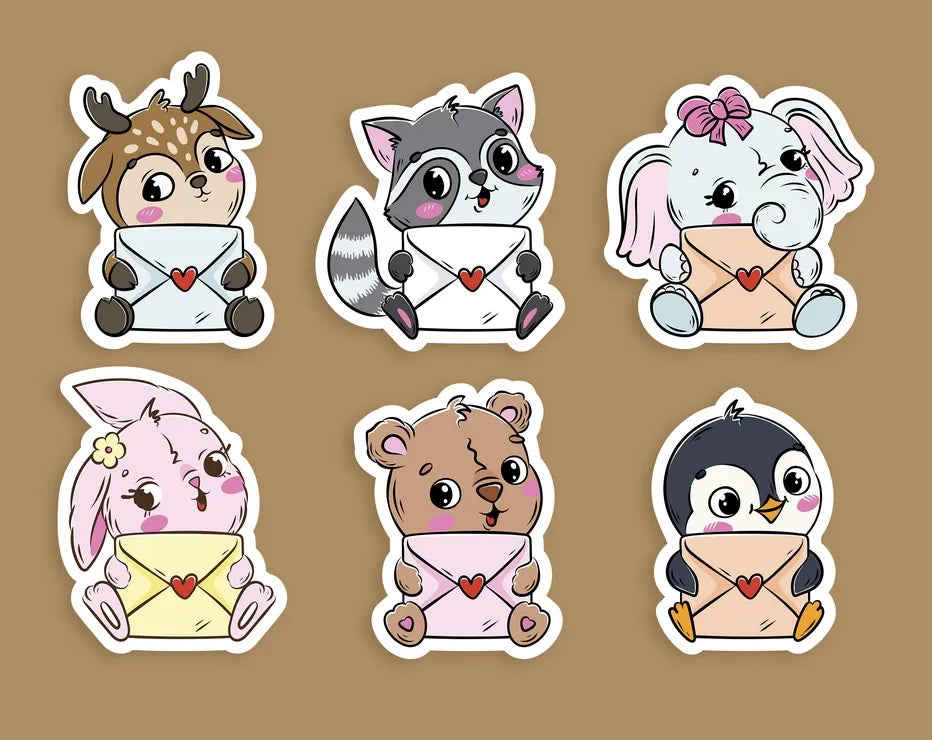 Set of 6 cute animal shaped postcards featuring a deer, raccoon, elephant, bunny, bear and penguin holding heart-sealed envelopes on a warm beige background.