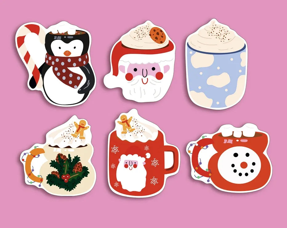 Set of 6 winter joy cup shaped postcards featuring a penguin mug, Santa mug, whipped cream drinks and a snowman design in festive red, blue and cream colors on a pink background.