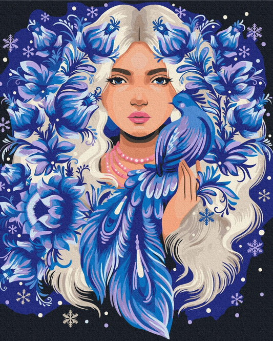 Malen-nach-Zahlen-Motiv „Sie ist der Winter“ mit Blütenkranz und blauem Vogel